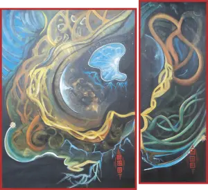 tableau diptyque entre deux mondes duo 80x60cm 80x30cm severine gallois artiste peintre